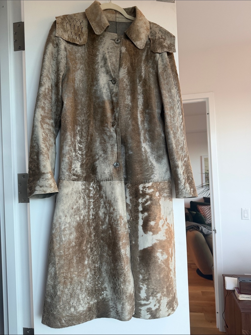 Womens Real Leather Long Coat in Brown & Cream